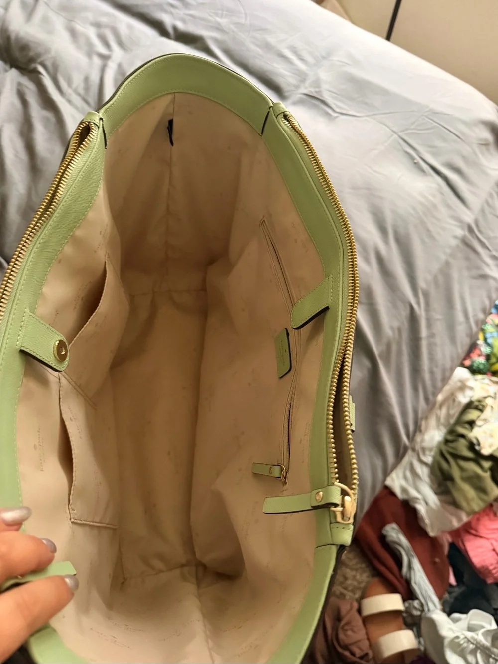kate spade sage green Saffiano leather tote with gold hardware